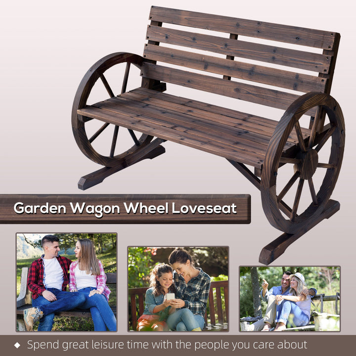 41" Wooden wagon wheel bench with rustic fir wood construction and slatted 2-person seat