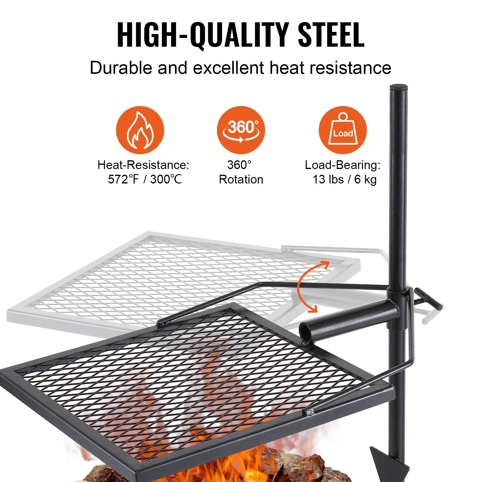 VEVOR Swivel Campfire Grill, Fire Pit Grill Grate Over Fire Pits, Heavy Duty Steel Grill Grates, 360Adjustable Open Fire Outdoor Cooking Equipment, Portable Camp Fire Racks For Camping Outdoor BBQ Backyard Brillance