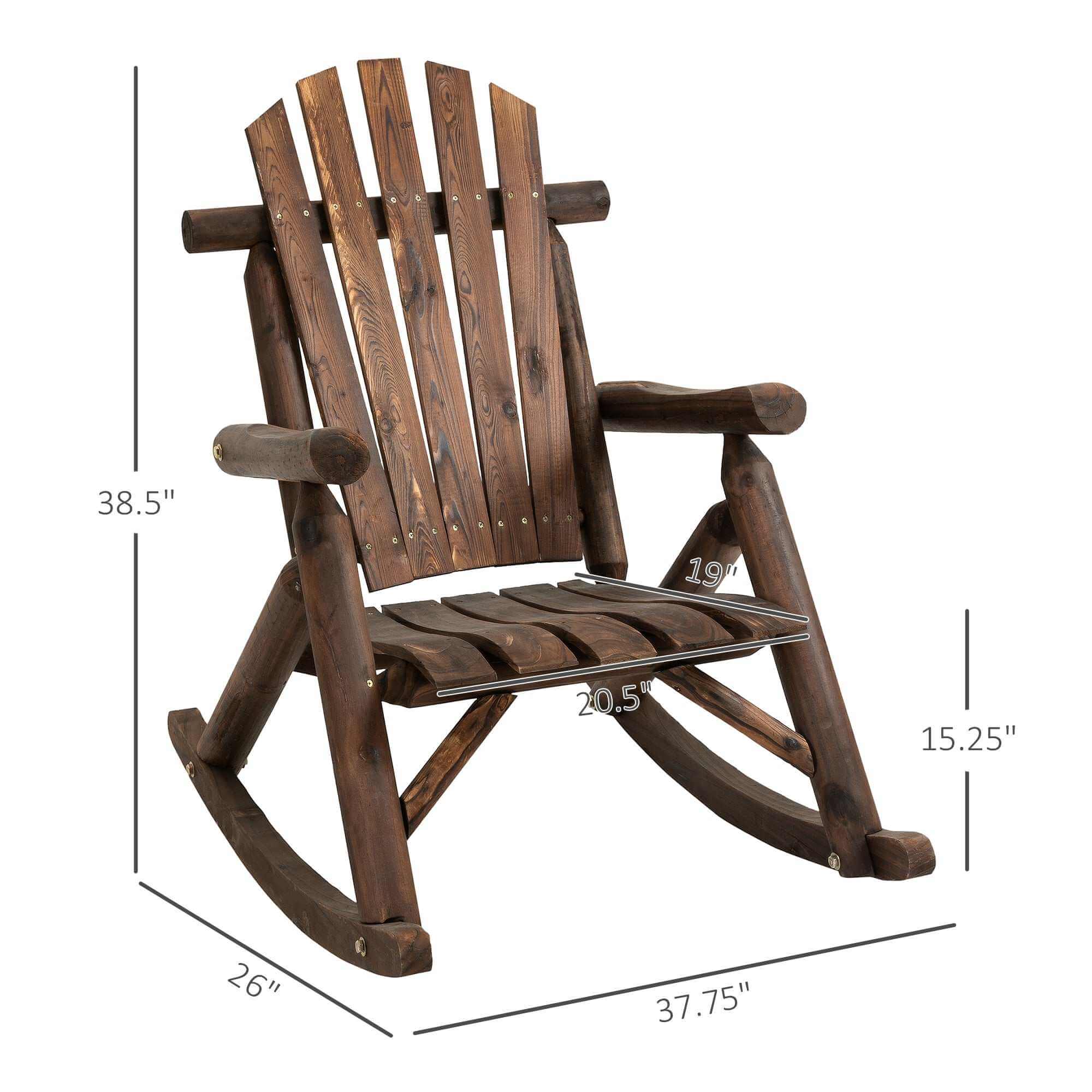 Carbonized fir wood outdoor wooden rocking chair with rustic Adirondack design and slatted backrest