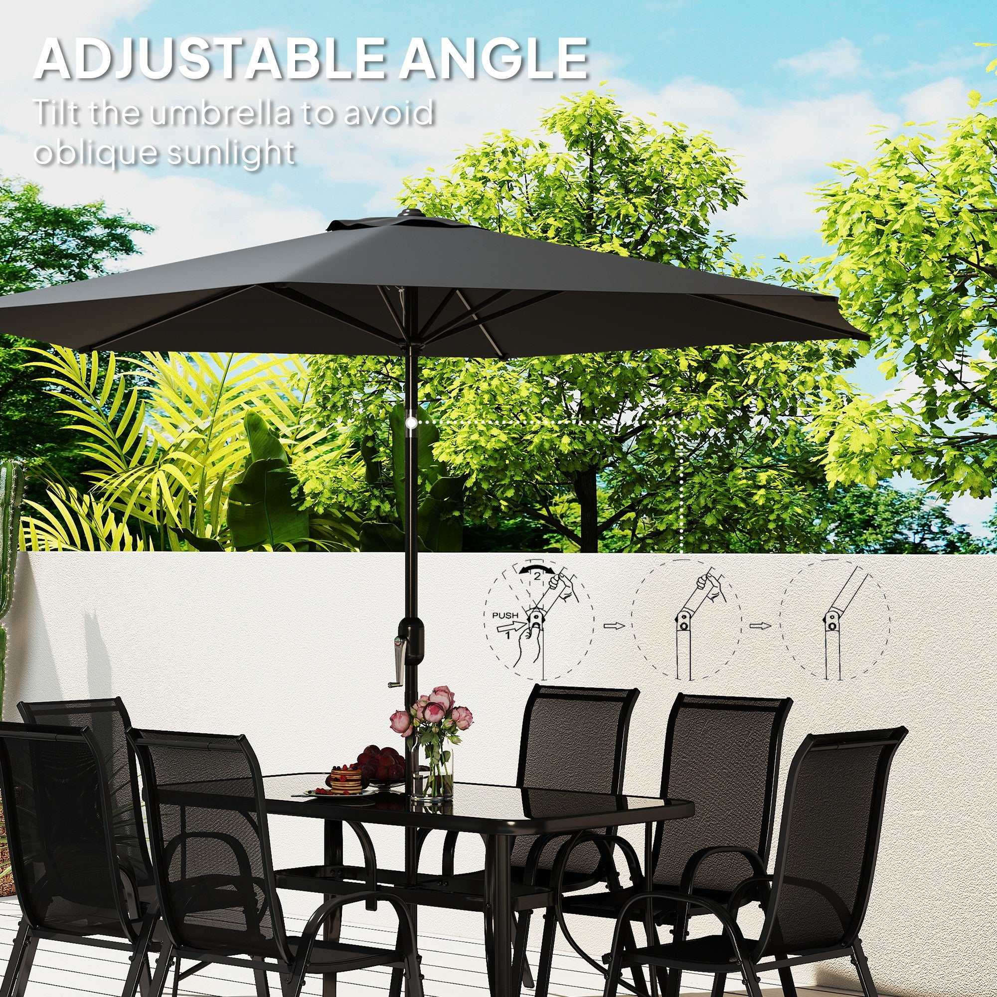 Black 8-piece patio furniture set with adjustable 9ft umbrella, outdoor dining table, and six breathable mesh chairs