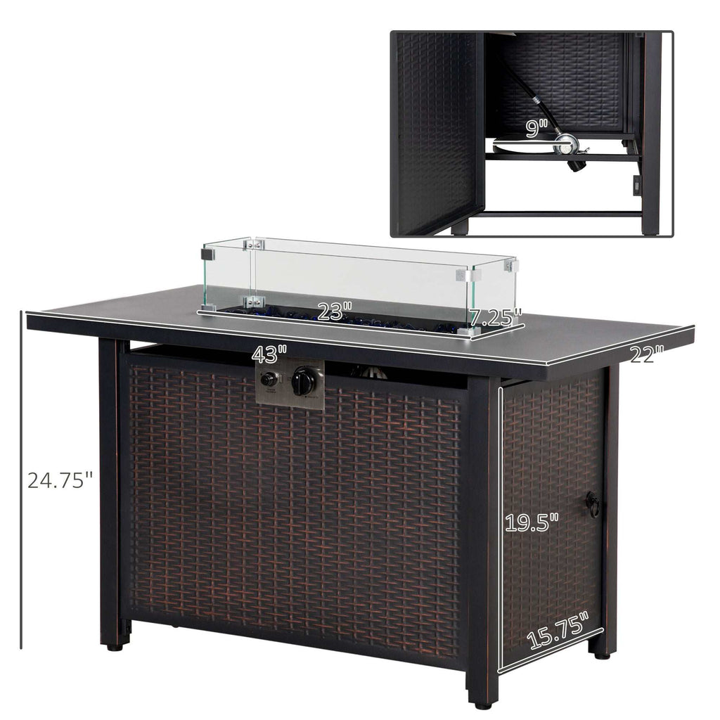 43 inch outdoor propane gas fire pit table with bronze wicker-effect steel base, glass wind guard, and blue fire glass