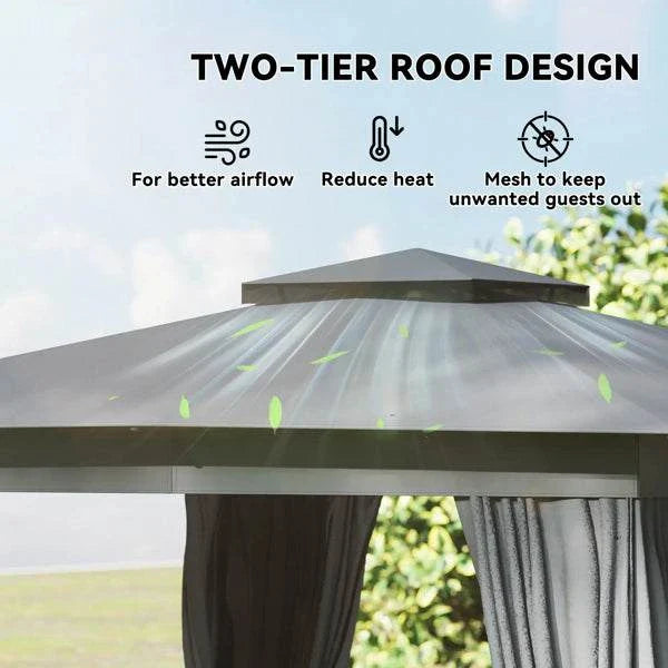 Modern black patio gazebo with double-tier UPF30+ polyester roof and mesh netting for ventilation and protection