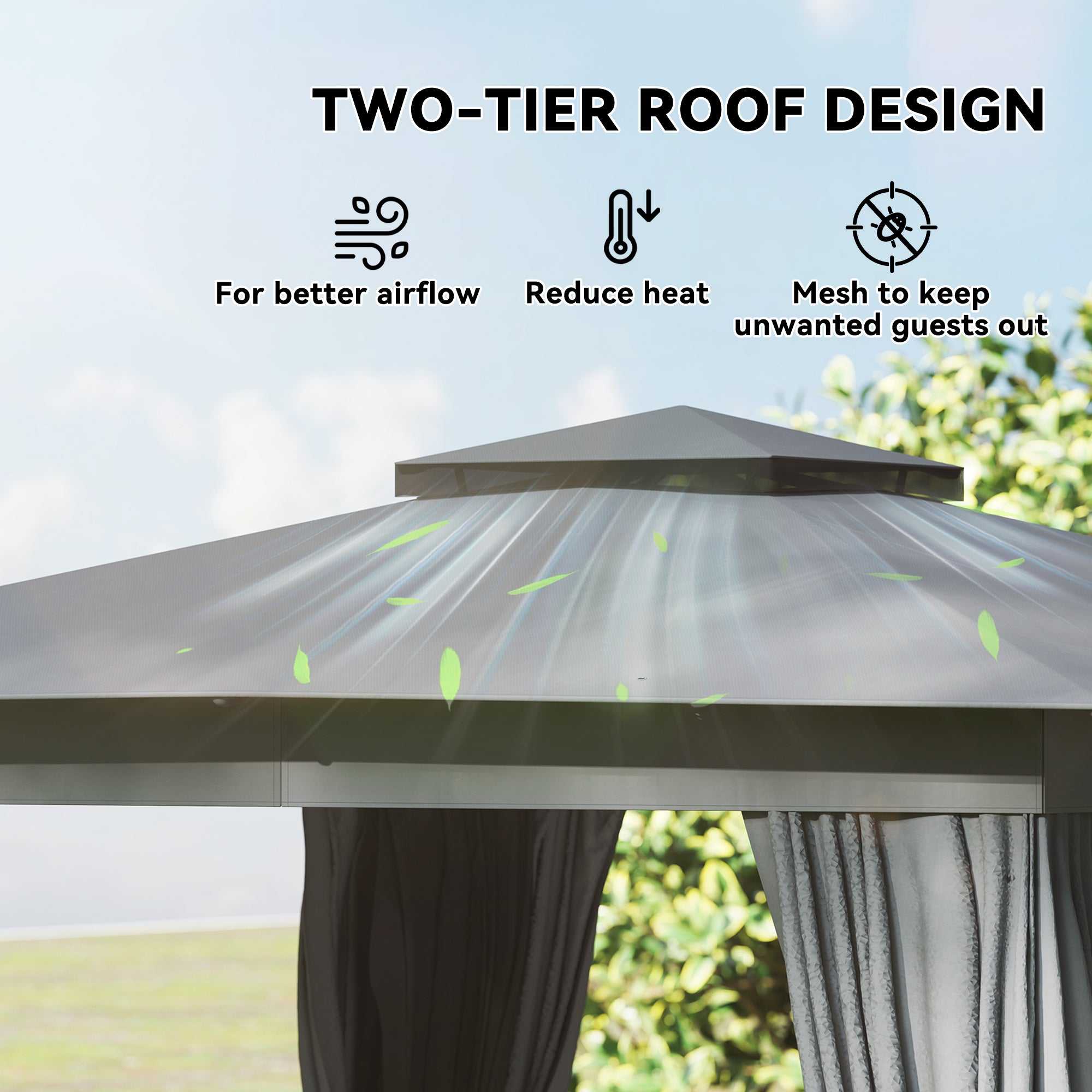 Outdoor patio gazebo with double-tier UPF30+ roof, curtains, mesh netting, and steel frame in a garden setting