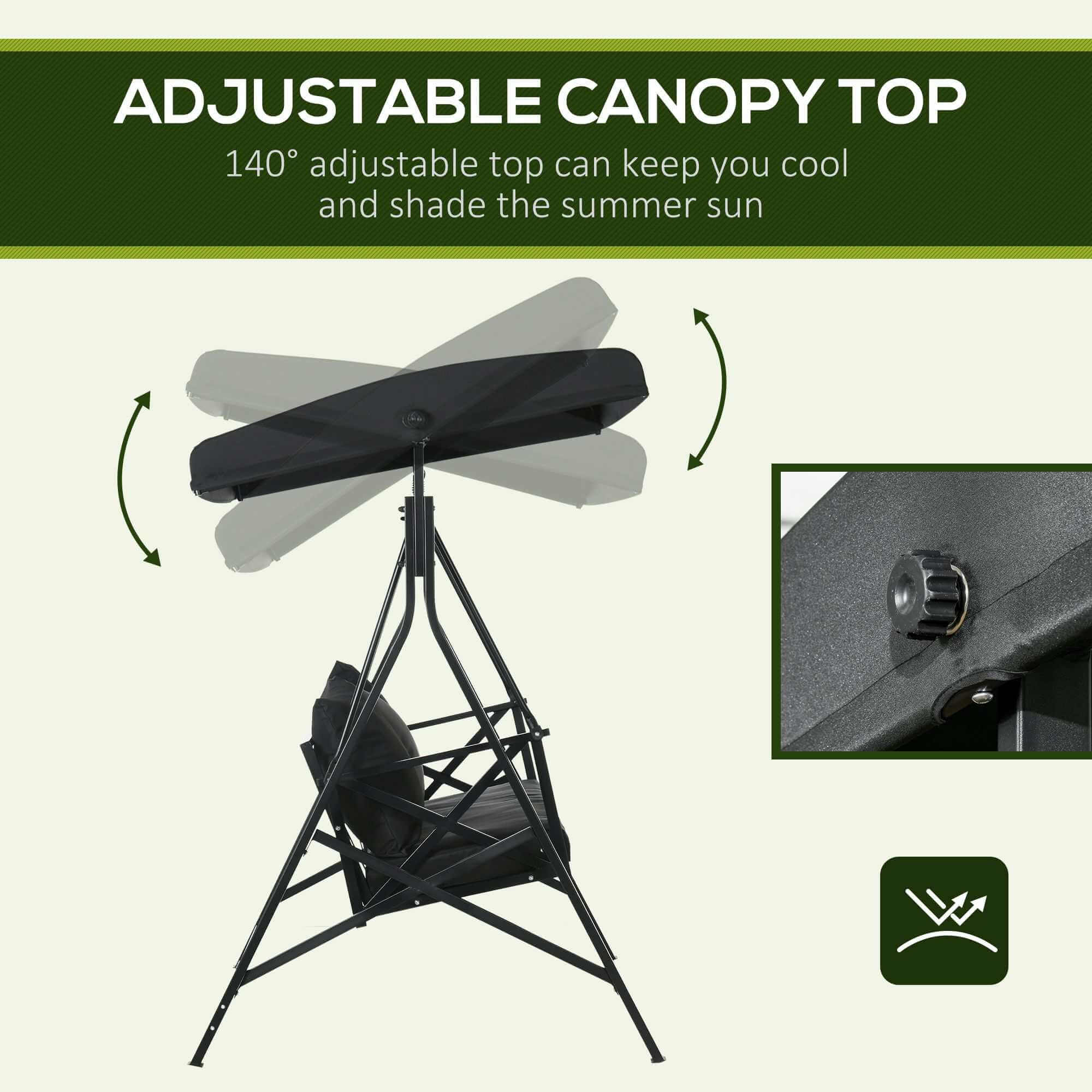 Black 3-seat patio swing chair with cushion, three throw pillows, and adjustable canopy for outdoor use