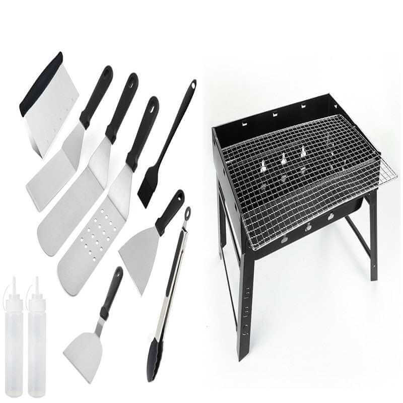 Multifunctional stainless steel outdoor barbecue tools set with cooking shovel and sauce bottle