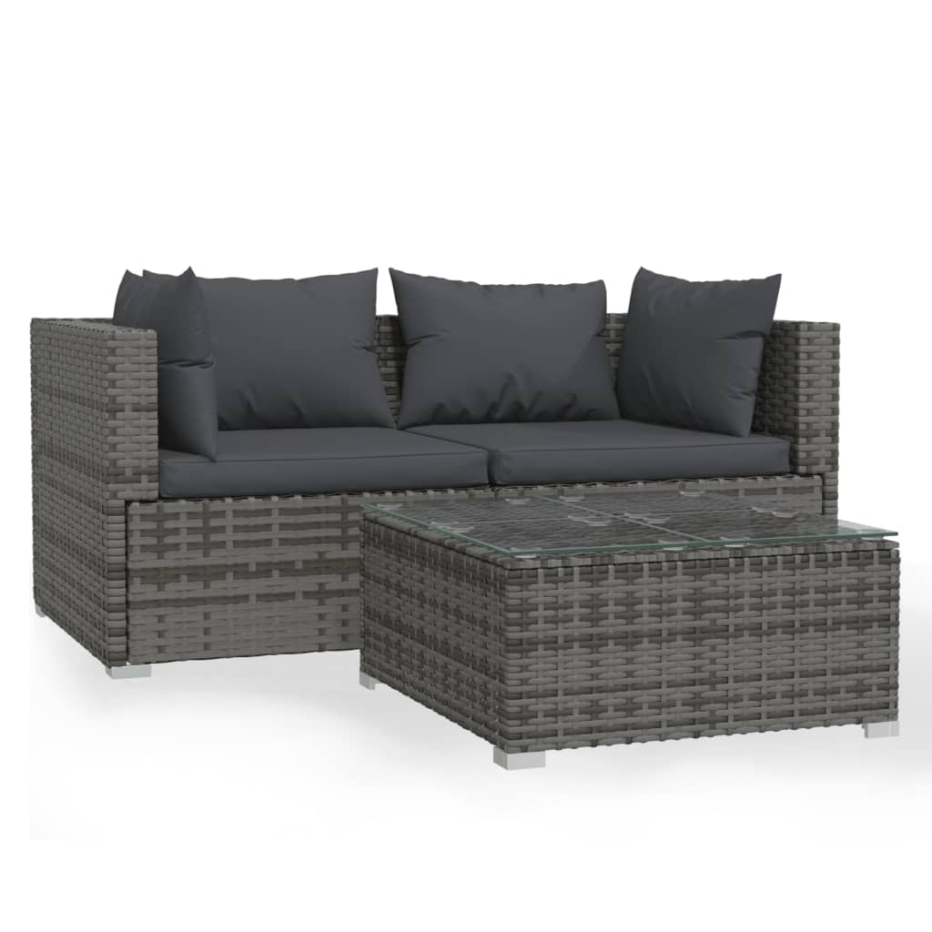 vidaXL Patio Furniture Set 3 Piece with Cushions Gray Poly Rattan VidaXL