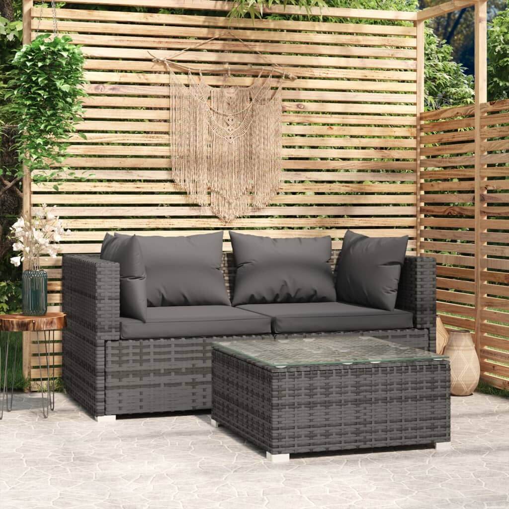 vidaXL Patio Furniture Set 3 Piece with Cushions Gray Poly Rattan VidaXL