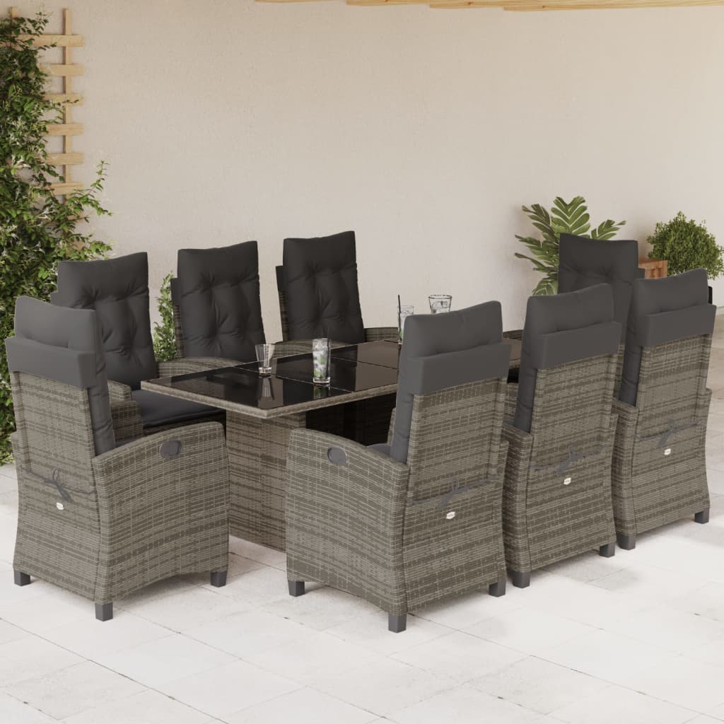 vidaXL 9 Piece Patio Dining Set with Cushions Gray Poly Rattan VidaXL