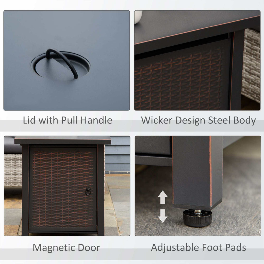 43 Inch outdoor propane gas fire pit table with bronze wicker-effect steel base, glass wind guard, blue fire glass, and convertible lid