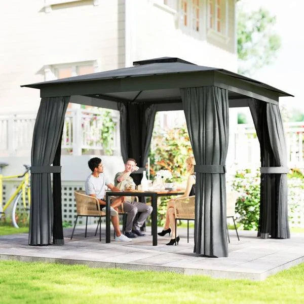 Modern black steel patio gazebo with double-tier UPF30+ polyester roof and curtains