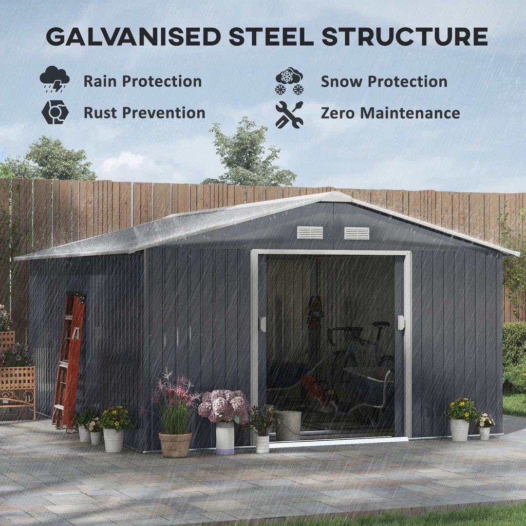 11' x 13' dark gray galvanized garden metal shed with double locking doors and ventilation