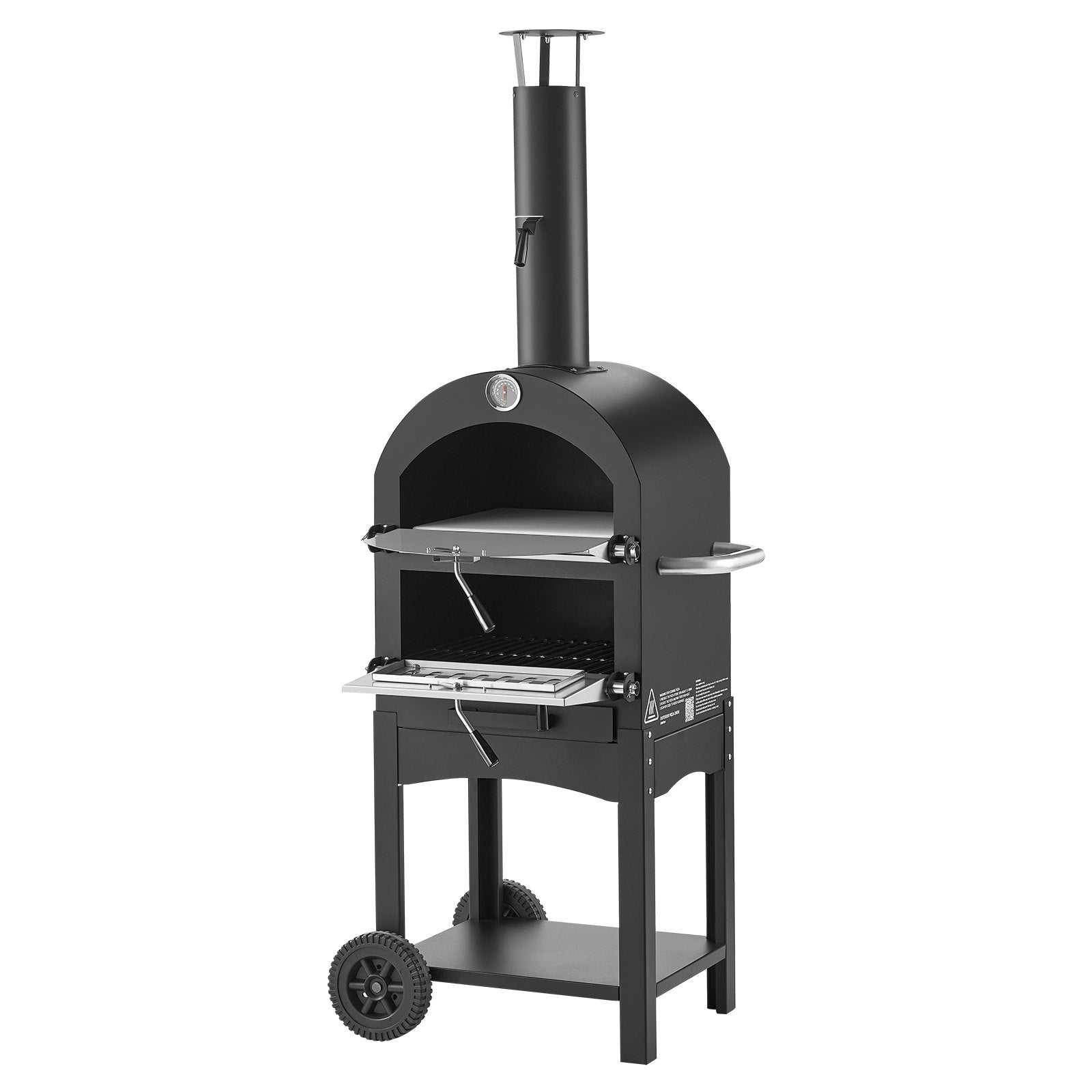 12-inch portable wood-fired pizza oven with dual wheels and built-in thermometer for outdoor cooking