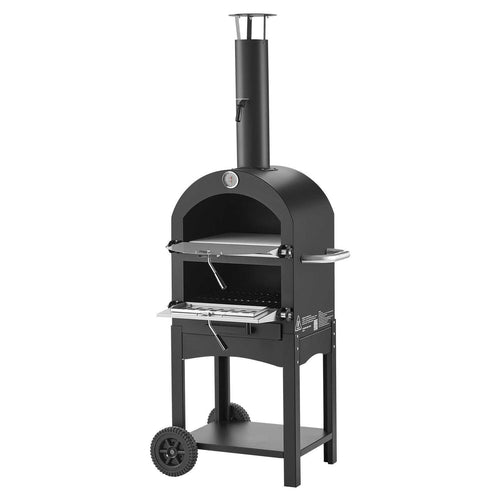 12-inch portable wood-fired pizza oven with dual wheels and built-in thermometer for outdoor cooking