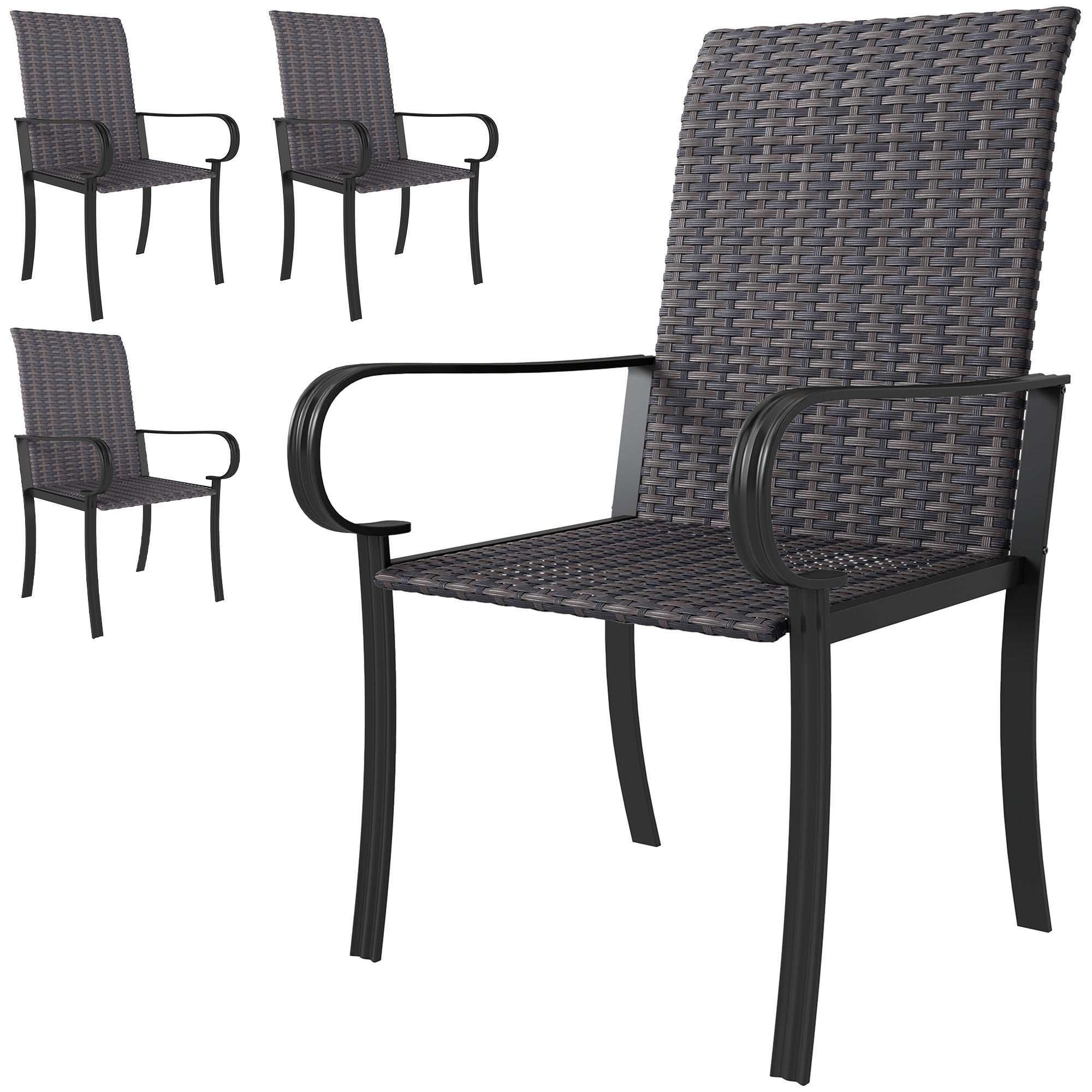Set of 4 brown outdoor wicker dining chairs with high back, armrest, and steel frame