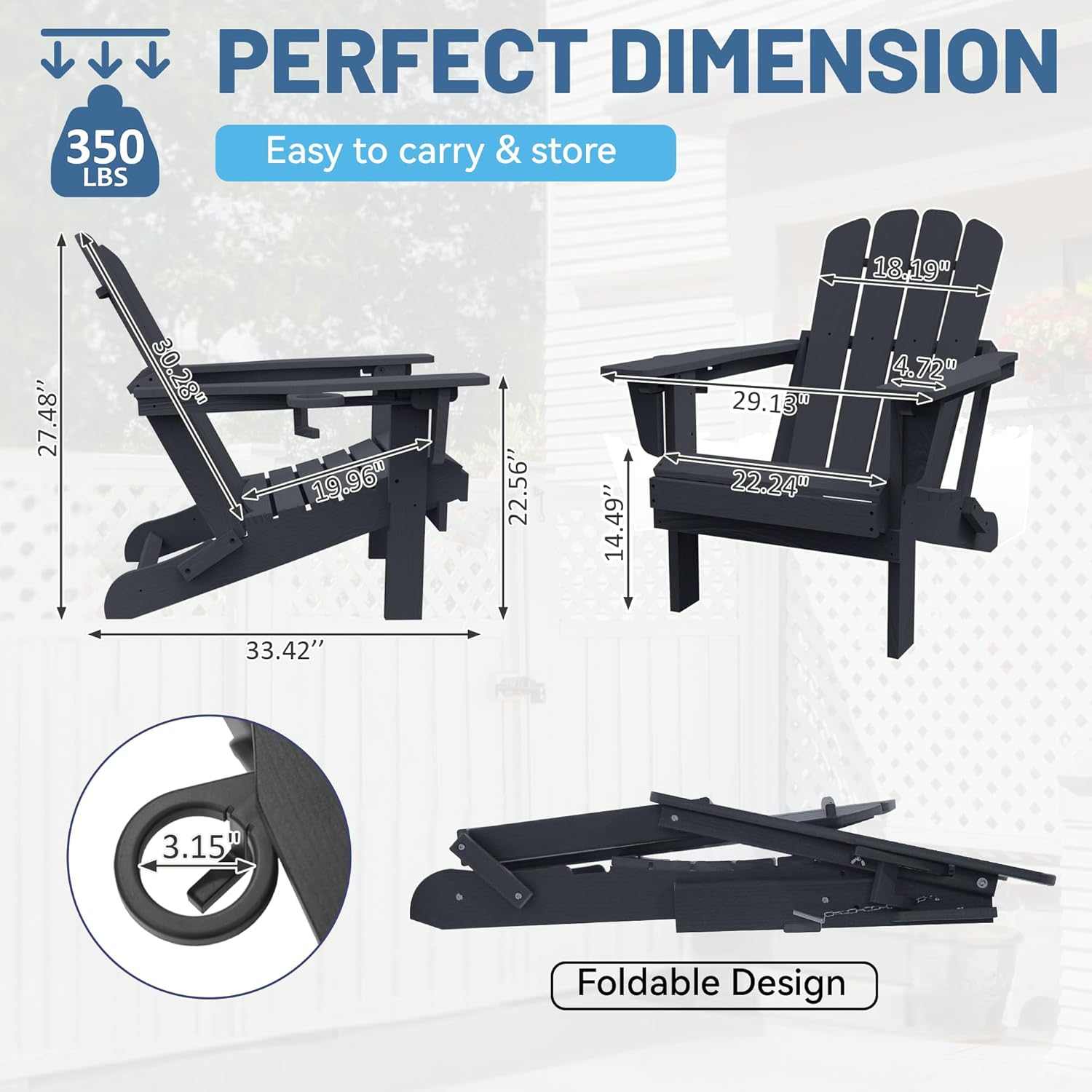 Black foldable HDPE Adirondack chair with cup holder for outdoor patio and lawn
