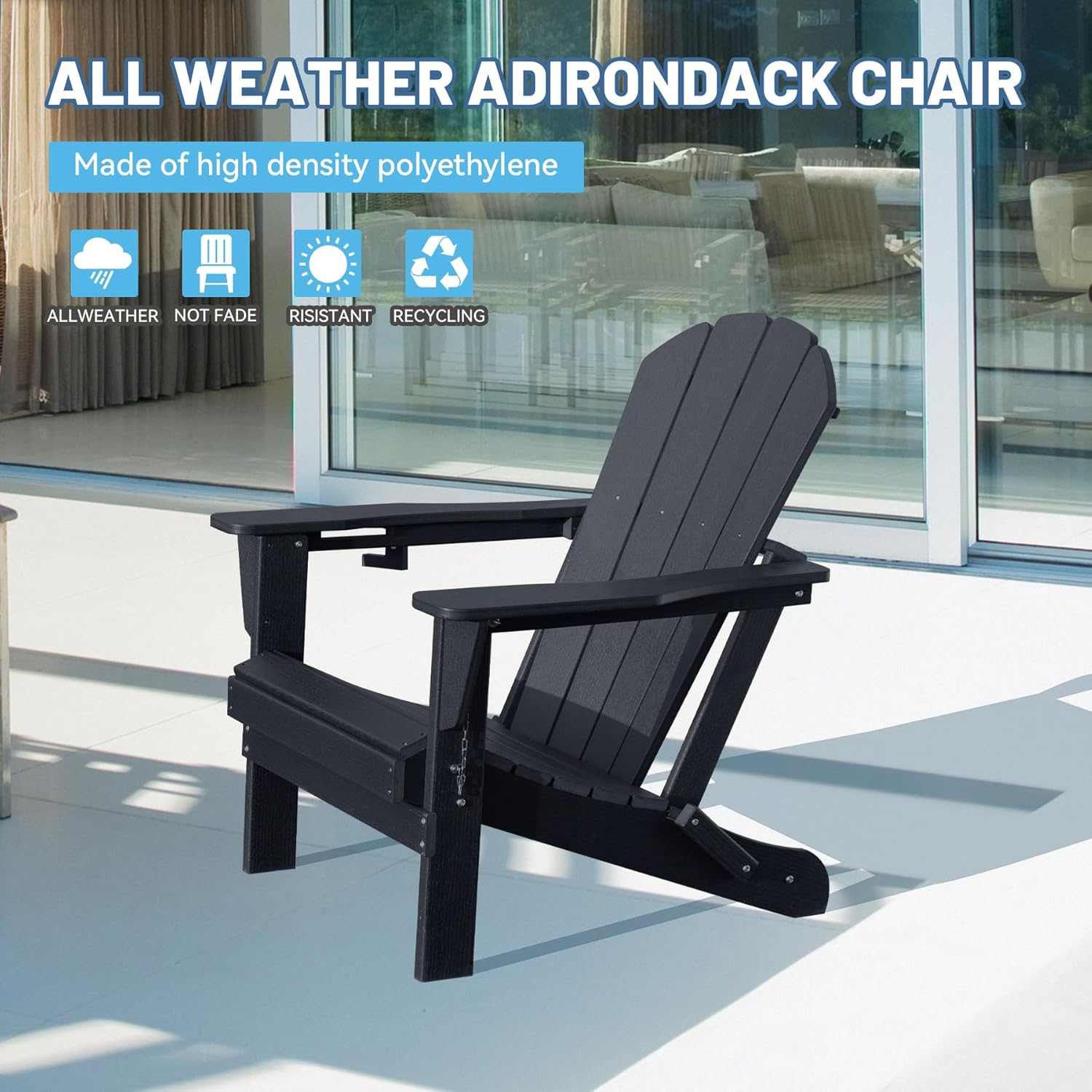Black HDPE folding Adirondack chair with cup holder for outdoor patio and garden use