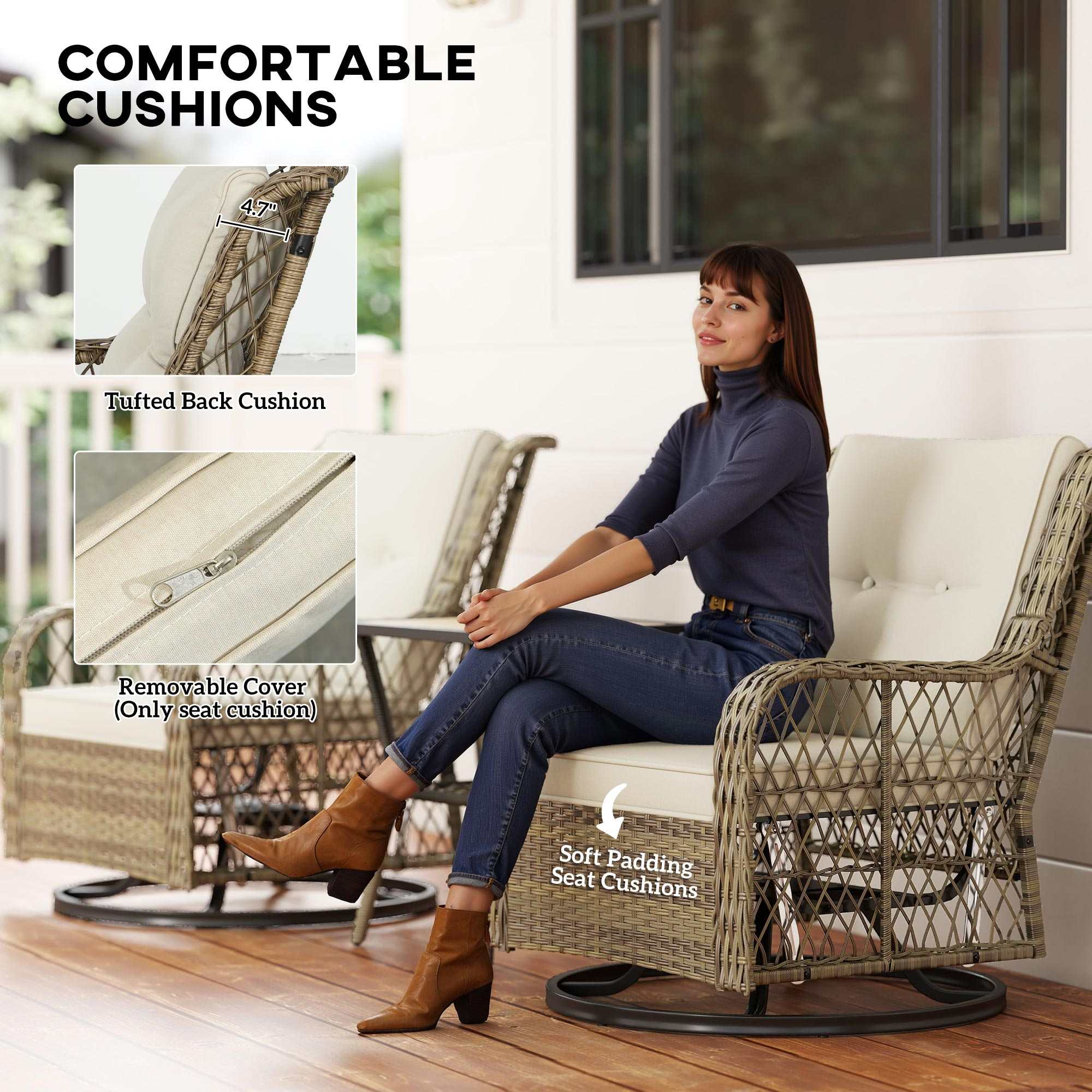 3 Piece Outdoor Bistro Set with Beige Wicker Swivel Glider Chairs and Two-Tier Table