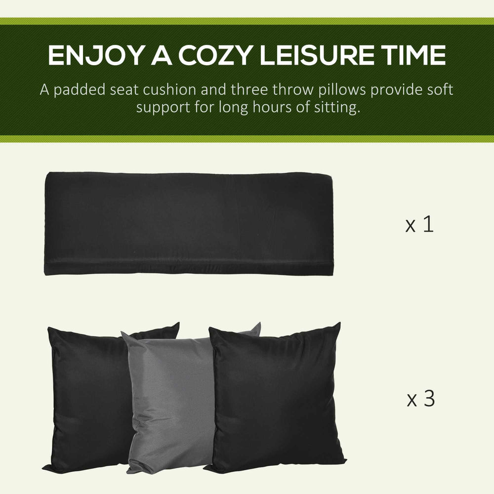 3-seat patio swing chair with cushion, three throw pillows, adjustable black canopy on steel frame for outdoor porch and garden