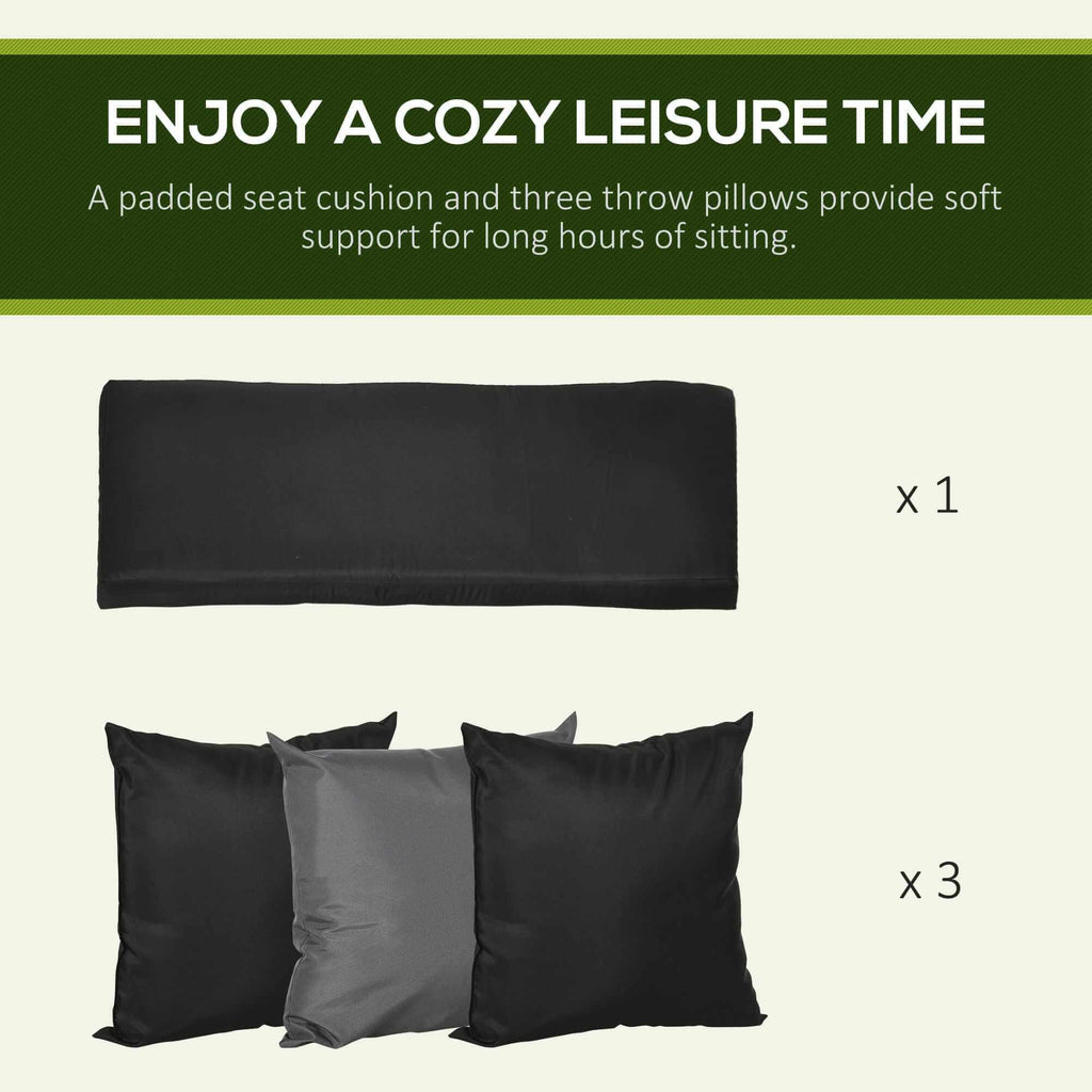 3-seat patio swing chair with cushion, three throw pillows, adjustable black canopy on steel frame for outdoor porch and garden