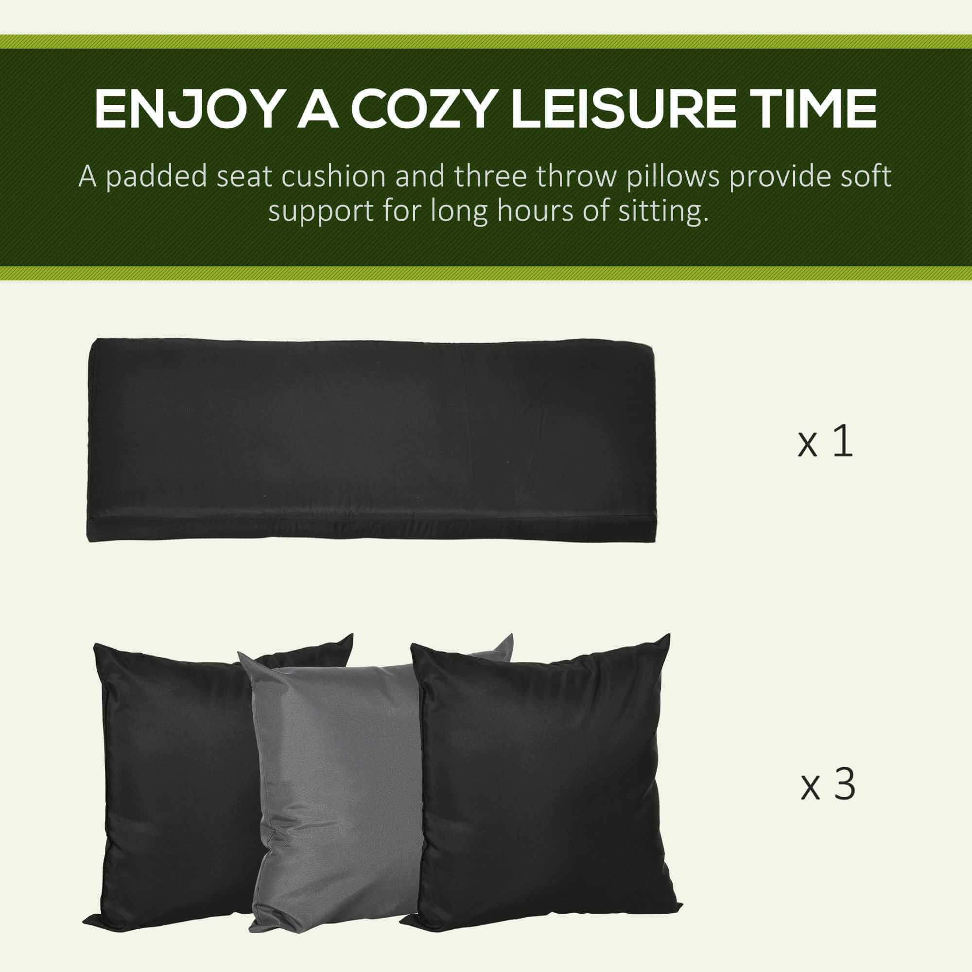 3-seat patio swing chair with cushion, three throw pillows, adjustable black canopy on steel frame for outdoor porch and garden