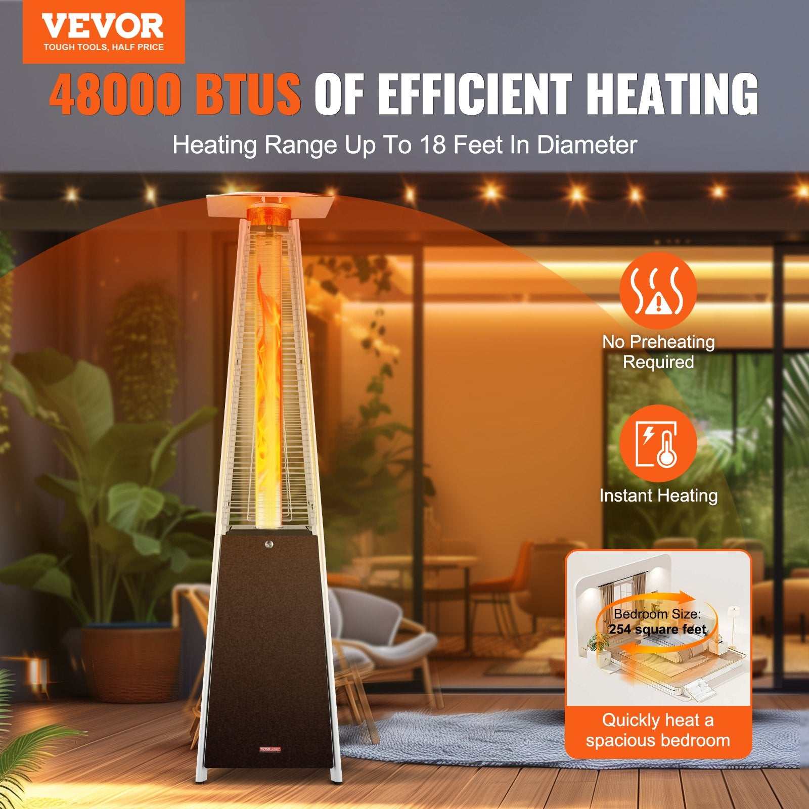 Bronze propane patio heater 48000 BTU with wheels for outdoor use