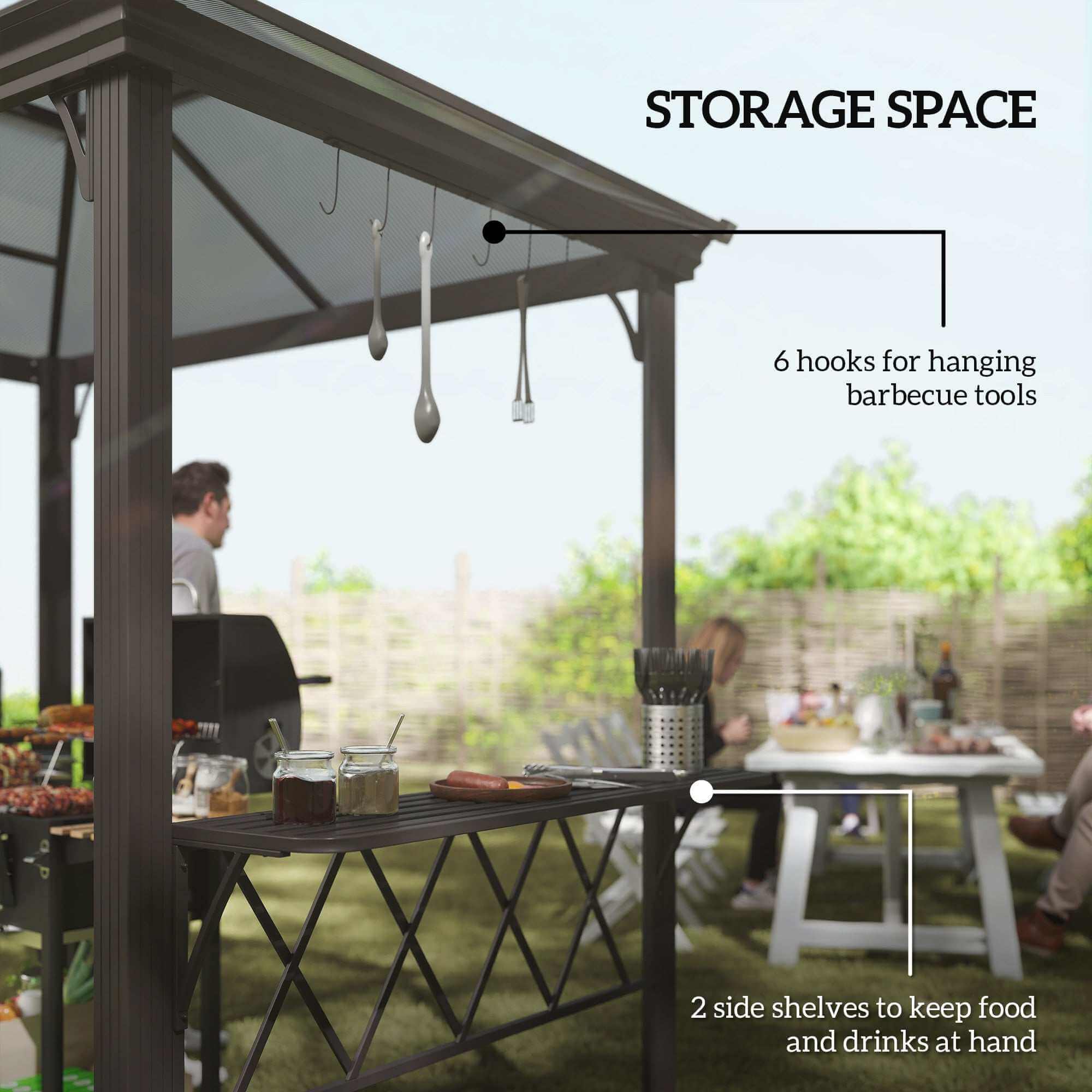 Outside Porch BBQ Cooking Pergola Canopy With 6 Hooks For Utensils And Double Venting Roof, Coffee Backyard Brillance