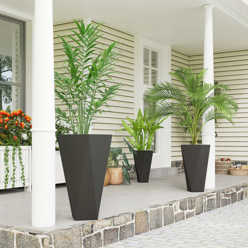 Set of 3 black indoor outdoor planters with drainage holes, stackable and weather-resistant tall magnesium oxide pots for garden and balcony.