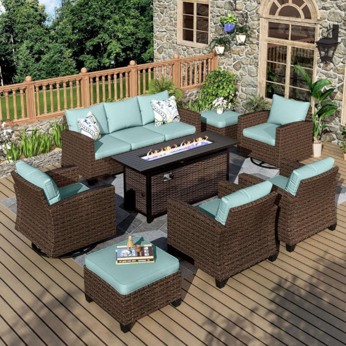 Swivel glider patio furniture set with outdoor fire pit table, cushioned seating, and modern backyard patio design