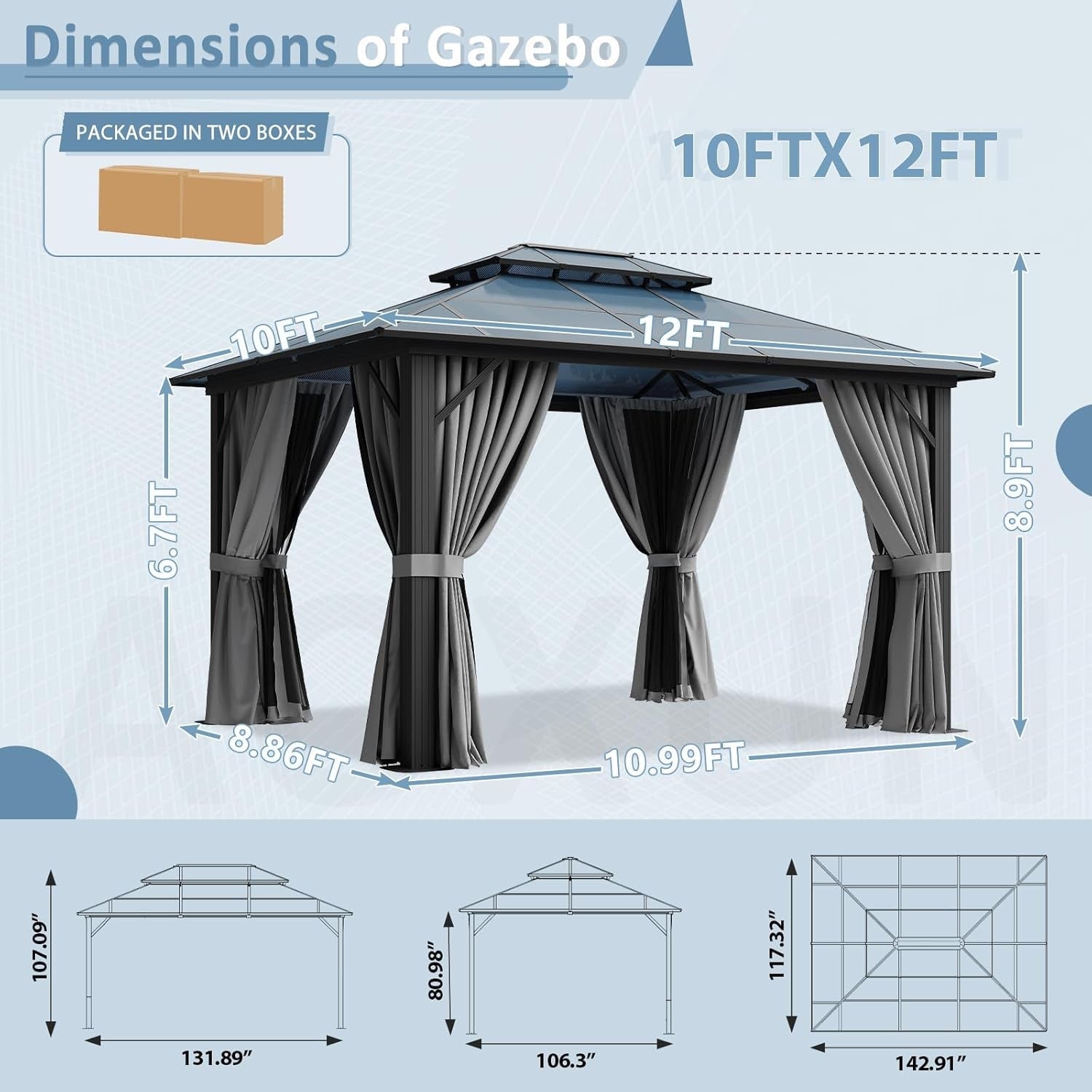 10x12 Aluminum Gazebo With Double Polycarbonate Roof ShipItFurniture