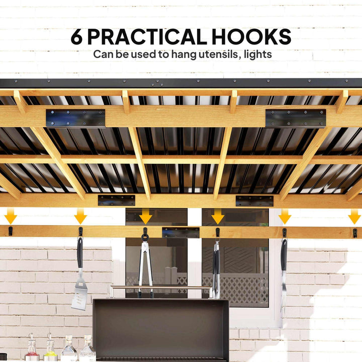 13 X 6 Wooden BBQ Grill Gazebo, Outdoor Hardtop Grill Gazebo With Metal Roof, 2 Bar Shelves And 6 Hooks, Natural Backyard Brillance