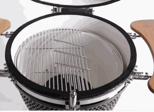 21 Inch Charcoal Kamado ceramic grill with stainless steel cooking grate and wooden side shelves open lid view