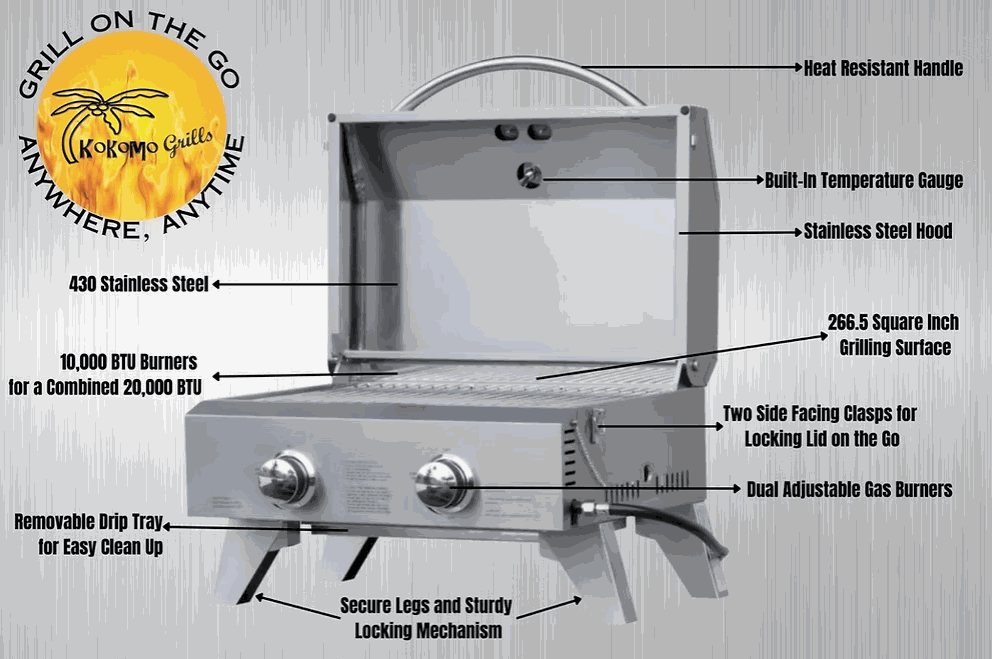 KoKoMo Portable Grill stainless steel tabletop BBQ with dual gas burners, temperature gauge, secure legs, and carrying handle for outdoor grilling.