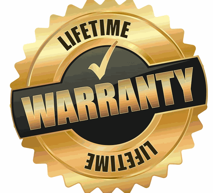 Gold and black lifetime warranty badge with check mark and circular design
