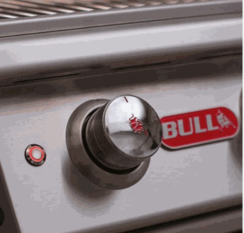 Close-up of Brahma 38" 5-Burner Grill with Heavy Duty Cart stainless steel control knob and Bull logo panel