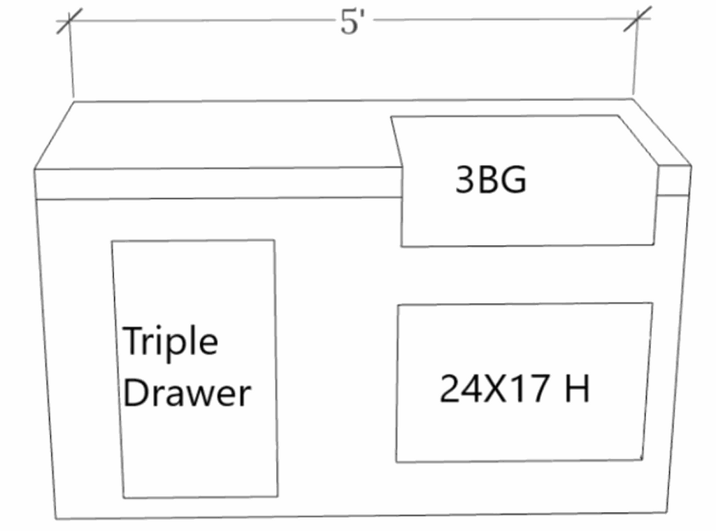 Diagram of Kokomo Grills 5' BBQ Island showing 3-burner grill, triple drawers, and dimensions.