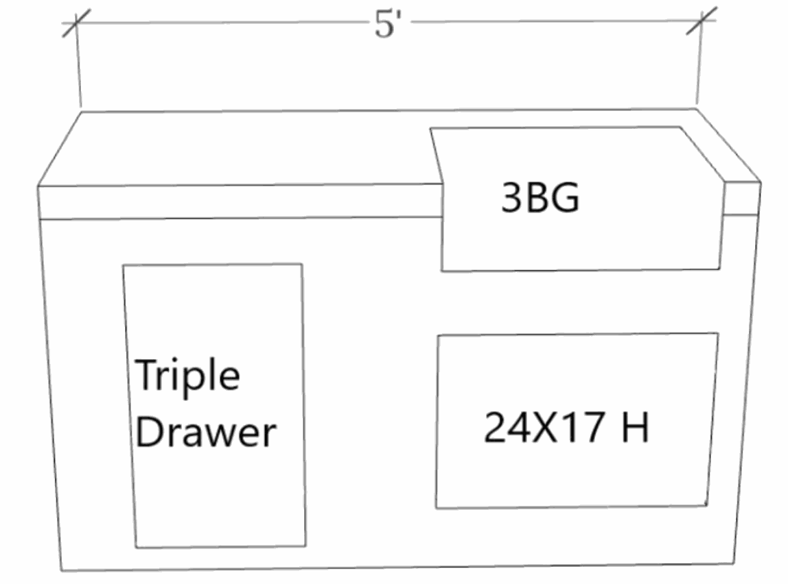Diagram of Kokomo Grills 5' BBQ Island showing 3-burner grill, triple drawers, and dimensions.
