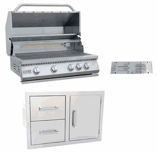3 piece outdoor kitchen package with 32" 4-burner stainless steel grill, stainless steel drawers and door combo, and stainless steel vent panel