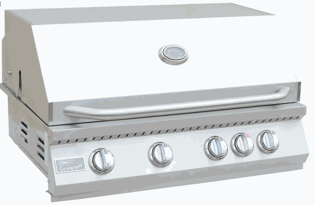 Kokomo 32-inch built-in stainless steel gas grill with four burner controls and hood-mounted temperature gauge