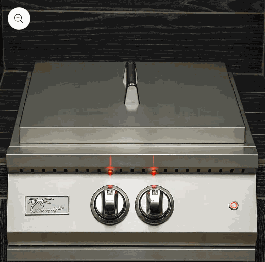 Stainless steel built-in power burner with LED lights, push turn knobs, and removable cover handle.