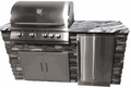 6 foot outdoor kitchen island with granite countertop, built-in stainless steel grill and refrigerator, stone textured base