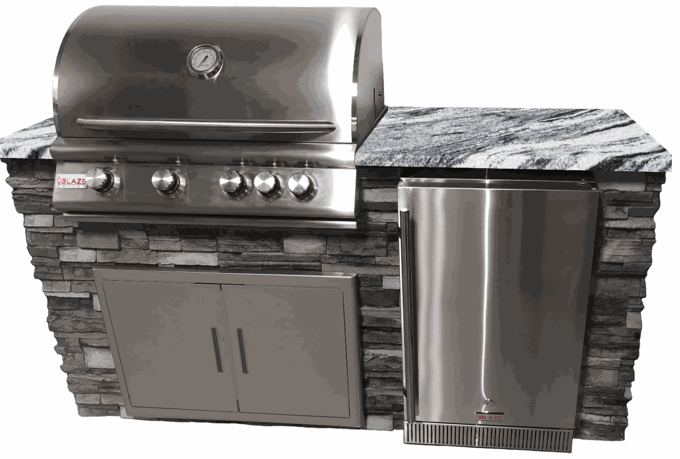 6ft outdoor kitchen island with stainless steel Blaze grill, outdoor refrigerator, stone base, granite countertop, and storage doors