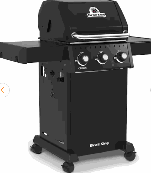 Broil King CROWN 310 professional-grade grill with three control knobs and side shelves on wheels