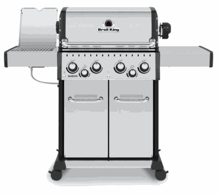 Broil King BARON S 490 PRO infrared grill with stainless steel, four burners, rotisserie, and 460 sq. in. cooking surface for professional outdoor cooking
