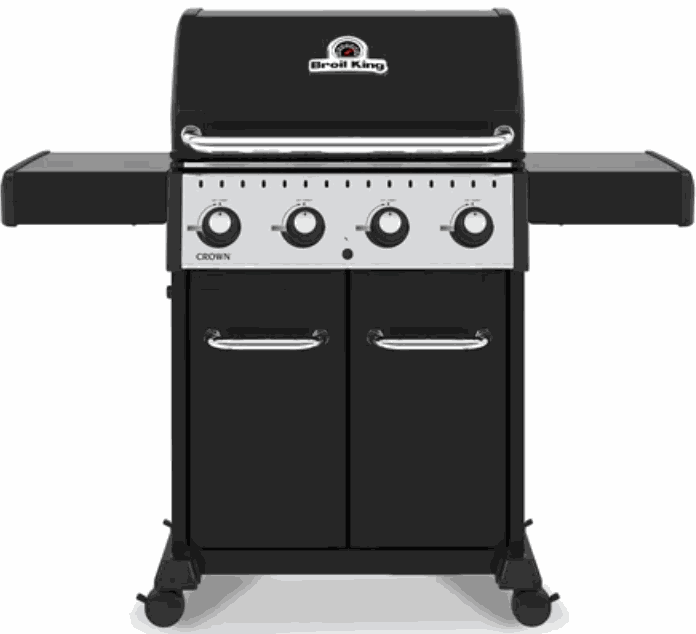 Broil King CROWN 420 professional-grade gas grill with four control knobs and side shelves