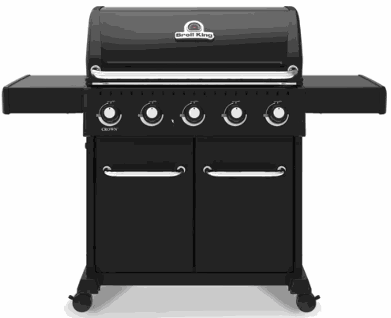 Broil King CROWN 520 professional-grade black grill with five control knobs and double-door storage cabinet on wheels