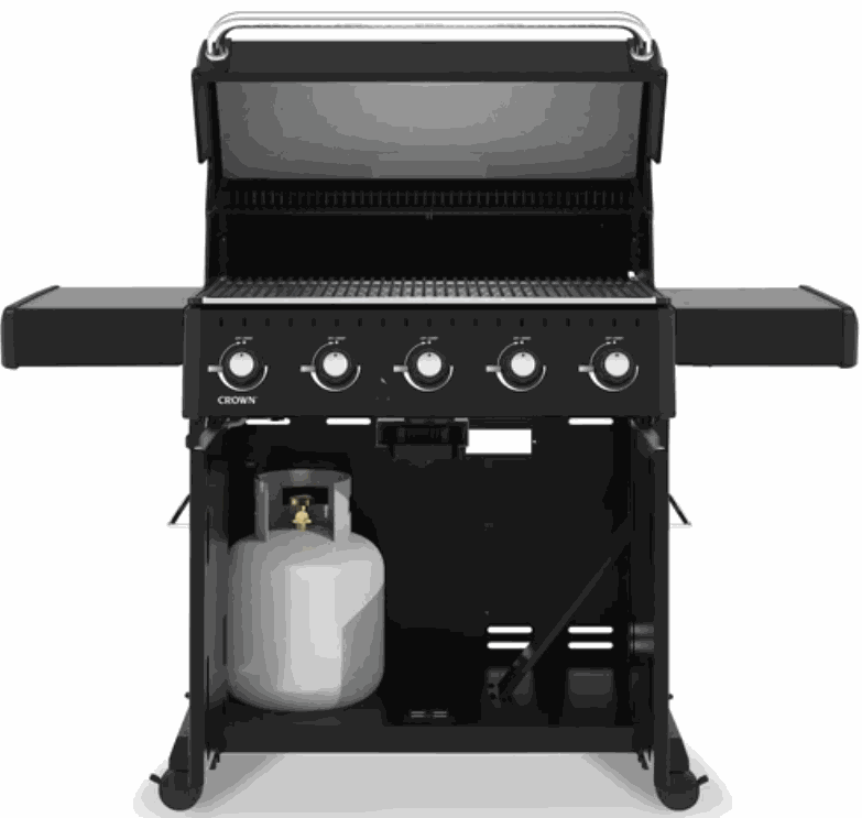 Broil King CROWN 520 professional-grade gas grill with five control knobs, open cabinet with propane tank, and top grilling area with lid open