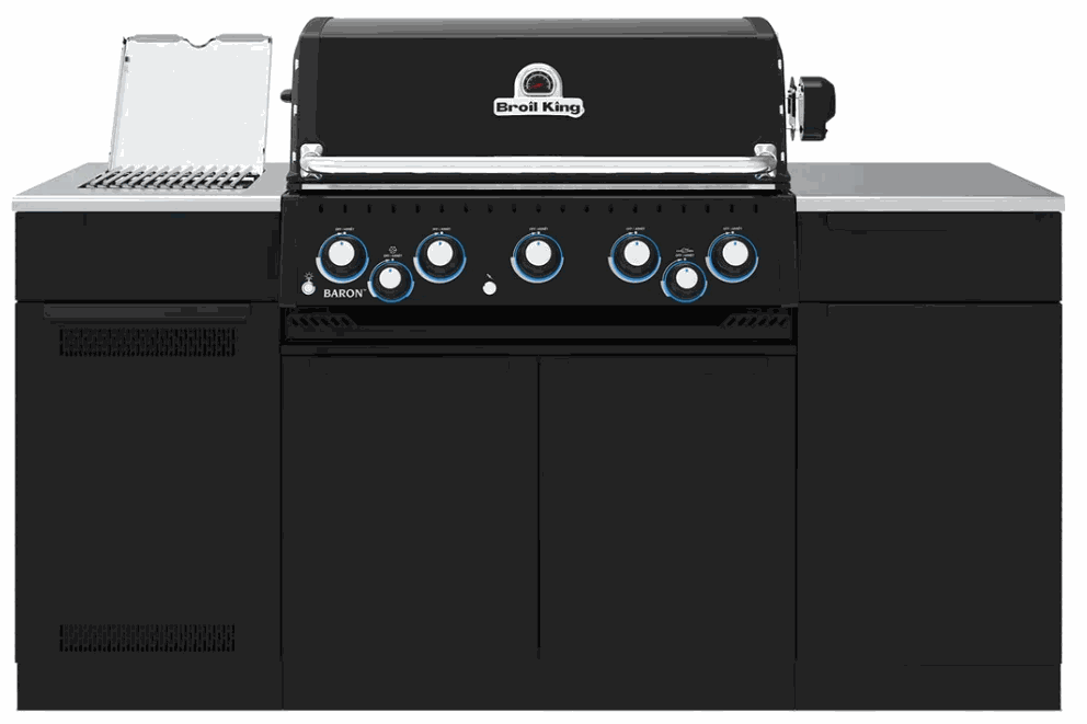 Broil King Baron 590i outdoor island gas grill with stainless steel burners, side burner, rotisserie, and stainless steel countertop.