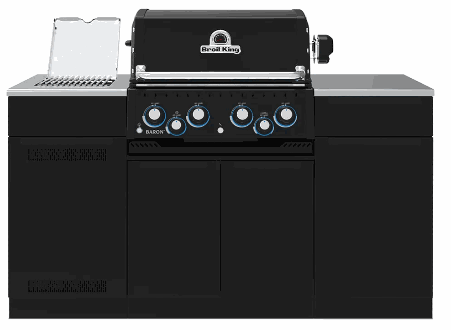 Broil King Baron Island Series outdoor BBQ grill with stainless steel countertop and multiple burners