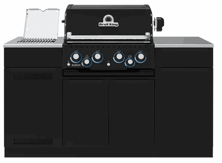Broil King Baron Island Series outdoor BBQ grill with stainless steel countertop and multiple burners