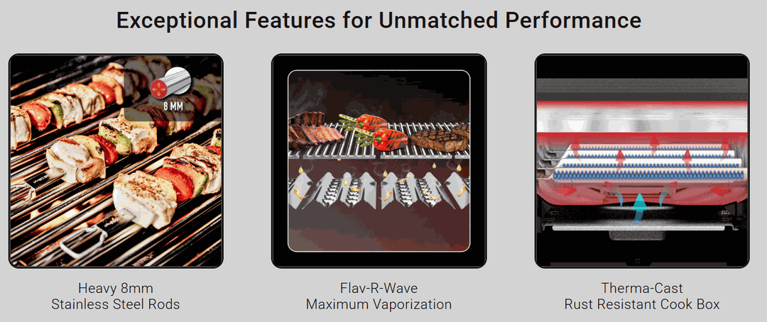 Broil King Baron Island Series BBQ grill with heavy 8mm stainless steel rods, Flav-R-Wave vaporization, and Therma-Cast rust-resistant cook box features.